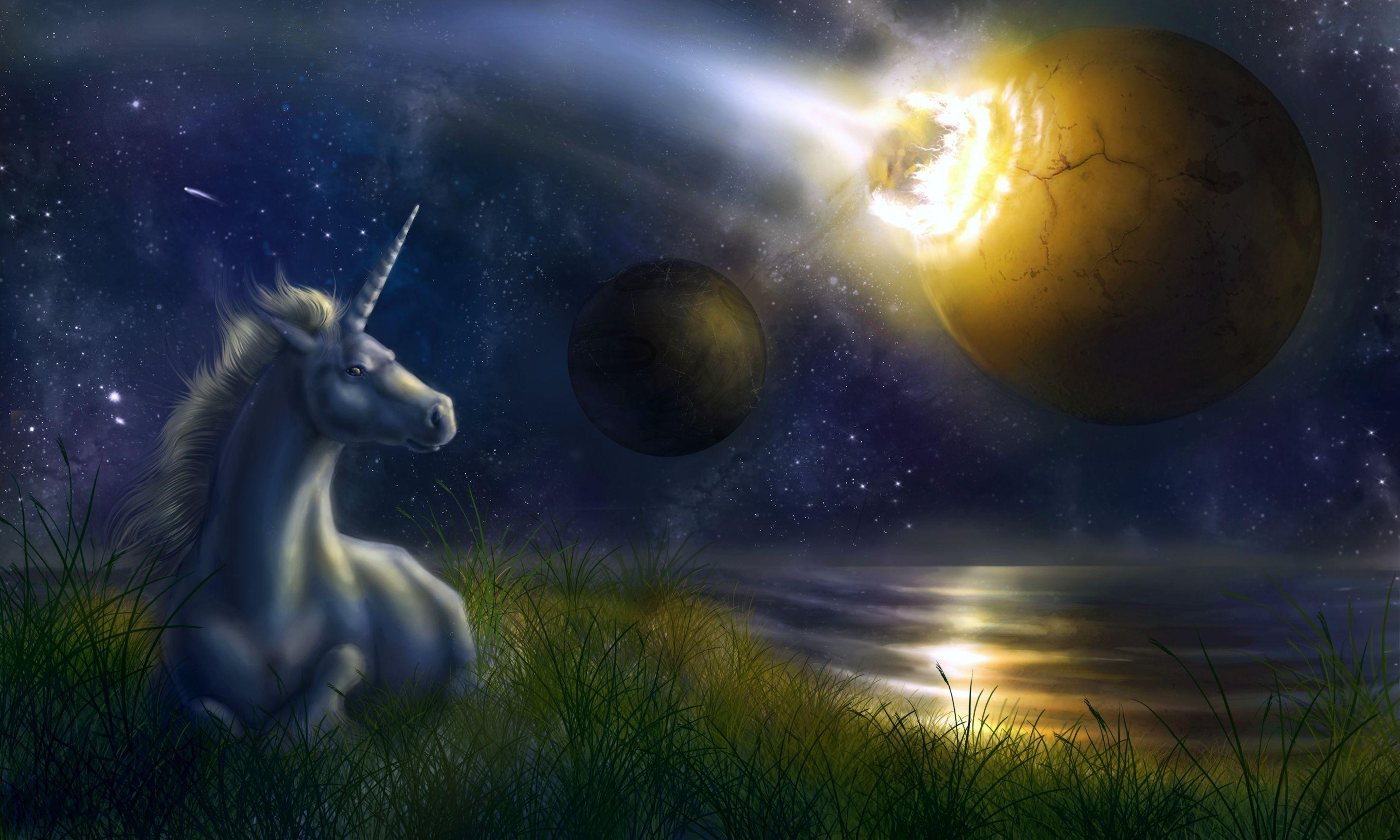 Wallpaper Unicorn, Night, Space, Planets, Collision - Unicorn Night - HD Wallpaper 
