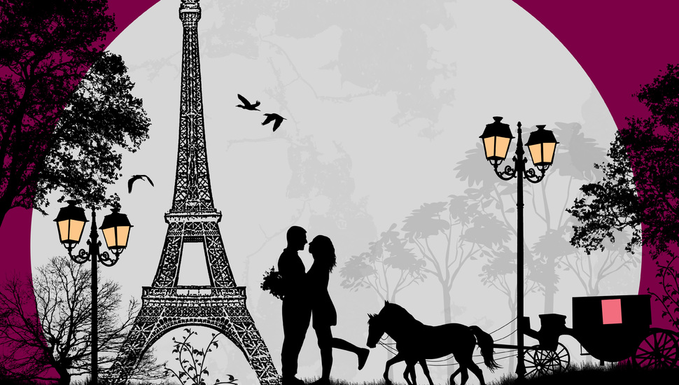 Couple, Love, Romance, Love, Cart, Trees, Horse, Birds, - Eiffel Tower Couple Painting - HD Wallpaper 