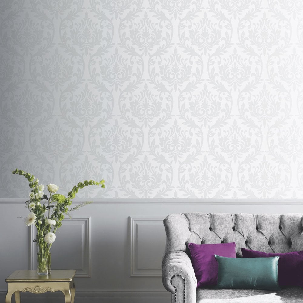 Grey Damask Wallpaper Living Room - HD Wallpaper 