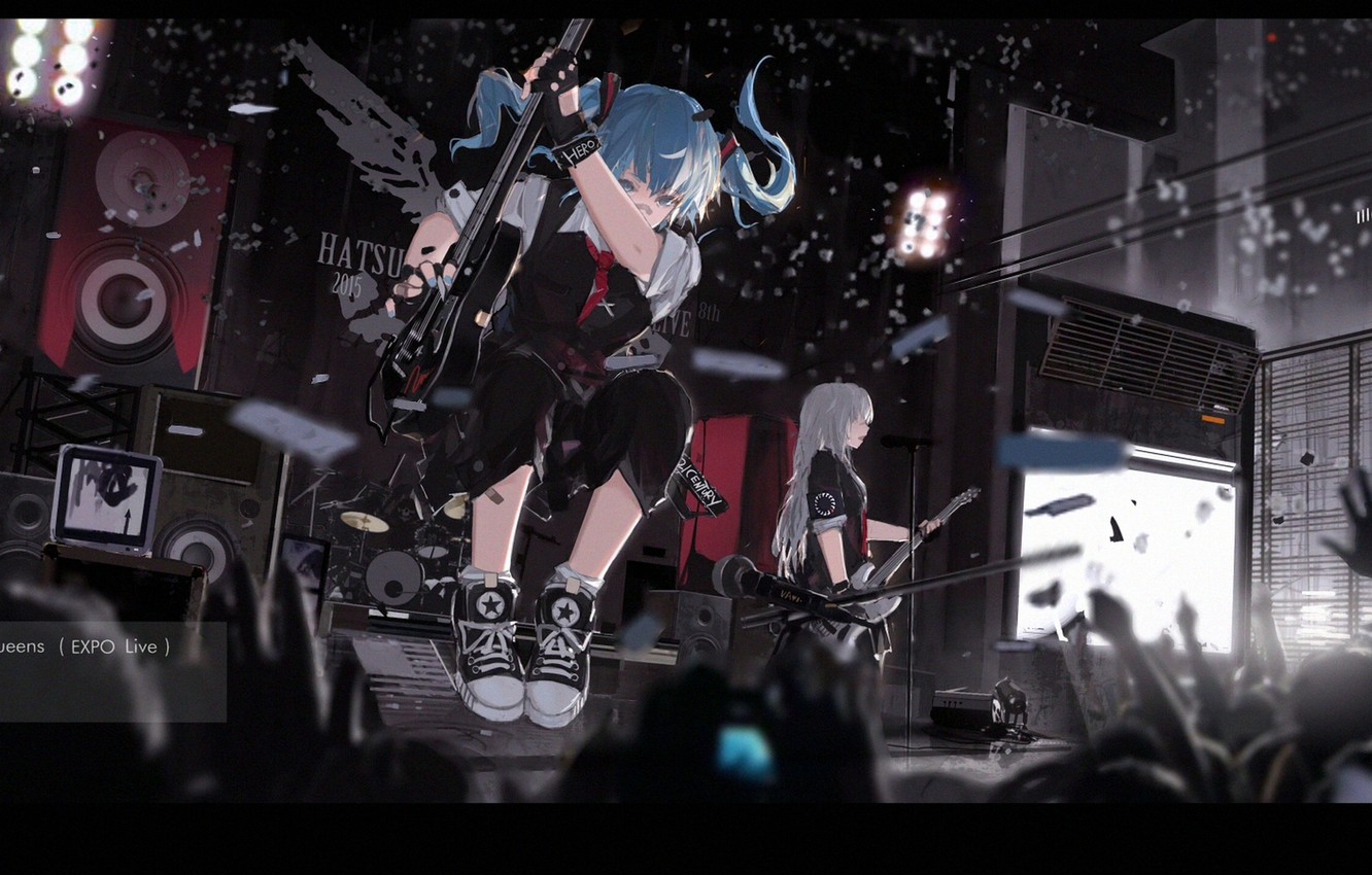 Photo Wallpaper Girl, Sign, Guitar, Group, Anime, Hands, - Hatsune Miku - HD Wallpaper 