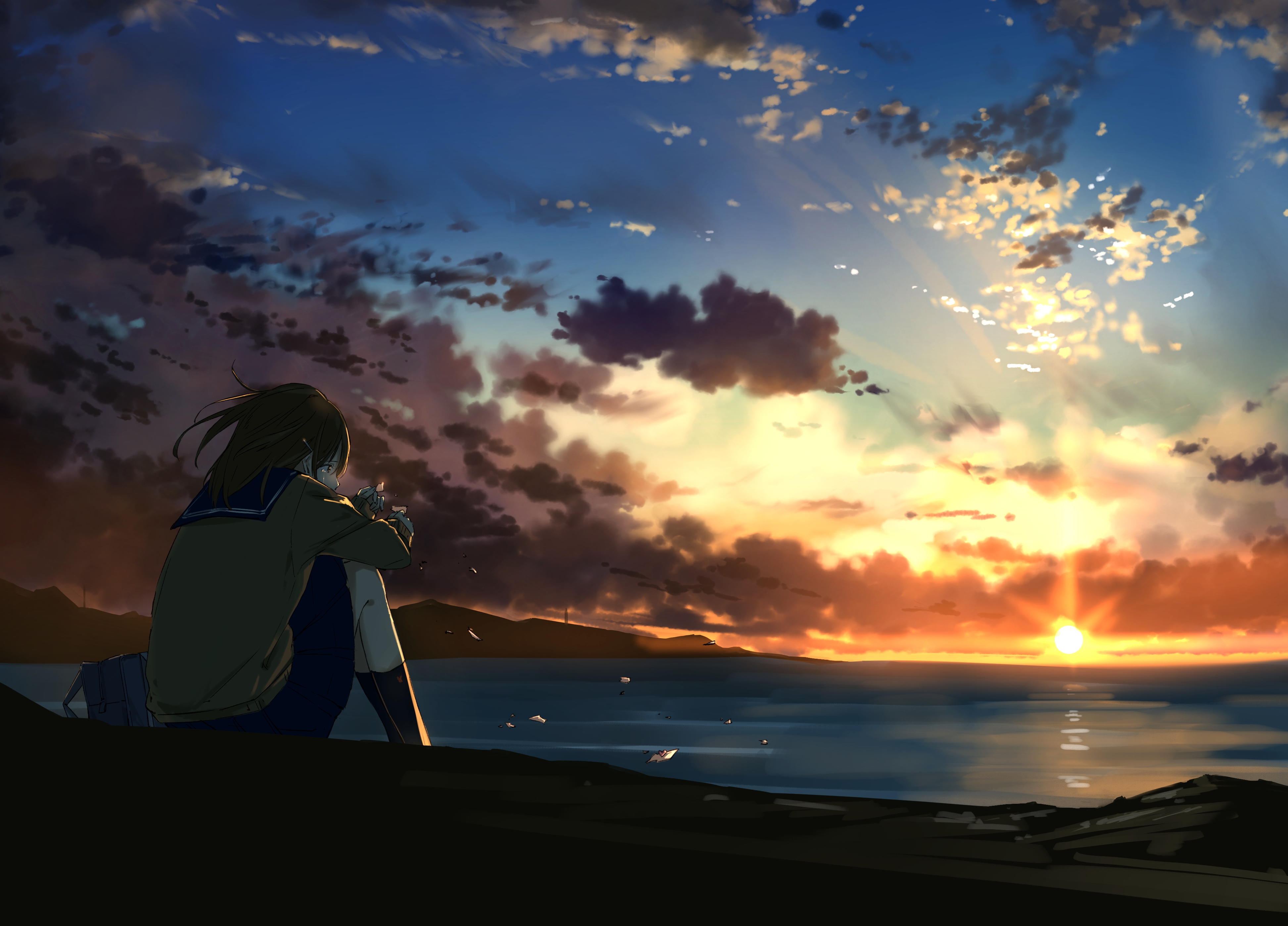 Anime Girl, Crying, Lonely, Sunset, Clouds, School - Girl Crying In Sunset - HD Wallpaper 