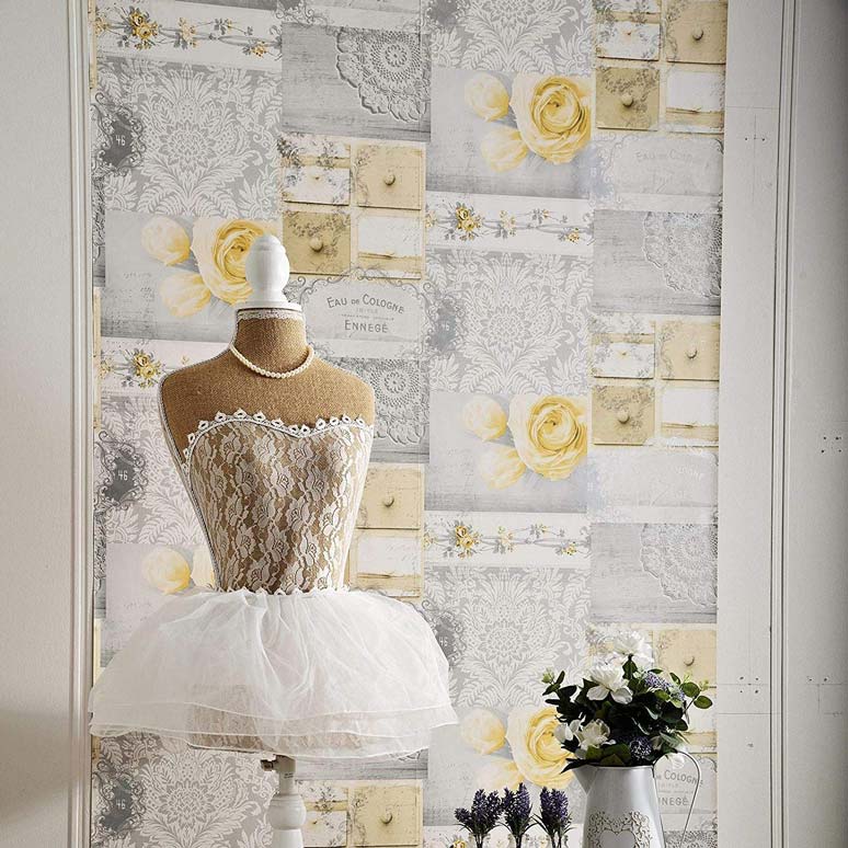 Decoupage Shabby Chic Wallpaper - Grey Yellow And White Wall Paper - HD Wallpaper 