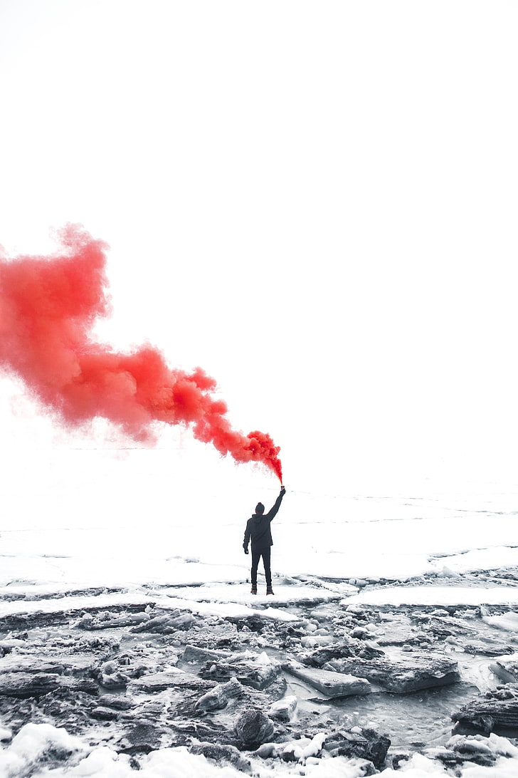 Silhouette Of Person Holding Smoke Bomb, Man, Ice Floe, - HD Wallpaper 