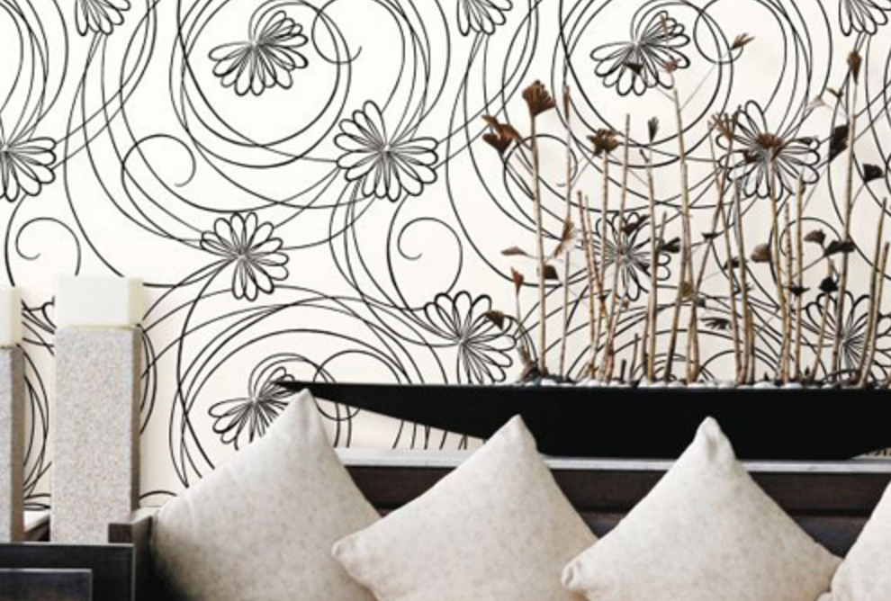 Total Wallcovering Black And White Modern Script Floral - HD Wallpaper 