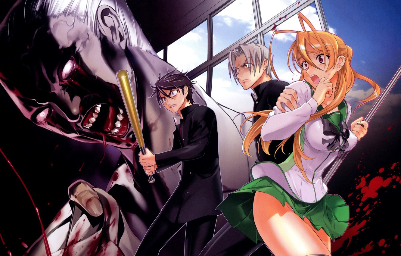 Photo Wallpaper Anime, Art, Zombies, Students, Highschool - Takashi And Rei - HD Wallpaper 