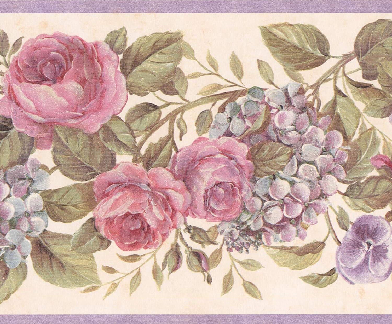 Blooming Purple Roses On Vine Floral Wallpaper Border - Pink Flower Wallpaper Border - HD Wallpaper 
