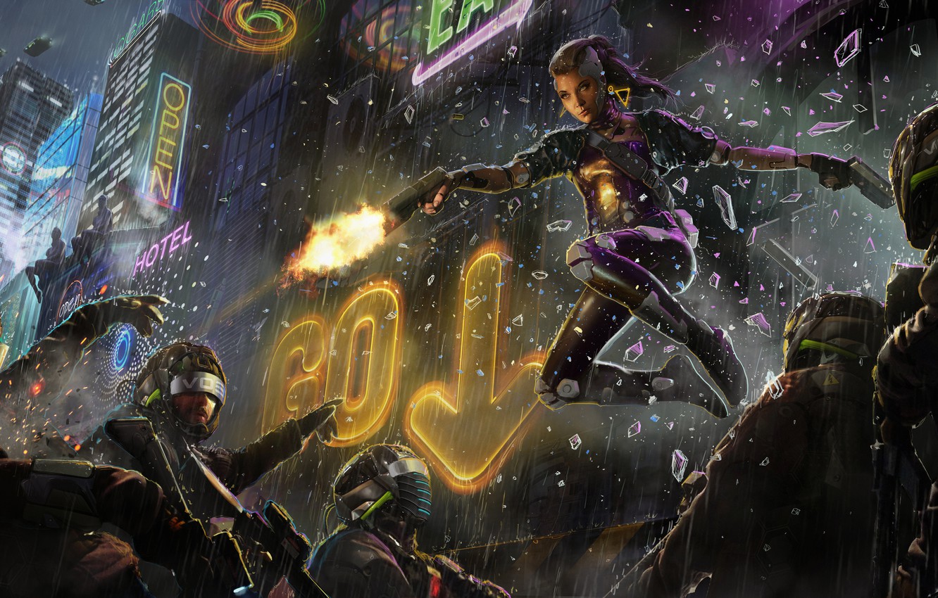 Photo Wallpaper Girl, Night, The City, Gun, Fiction, - Cyberpunk 2077 - HD Wallpaper 