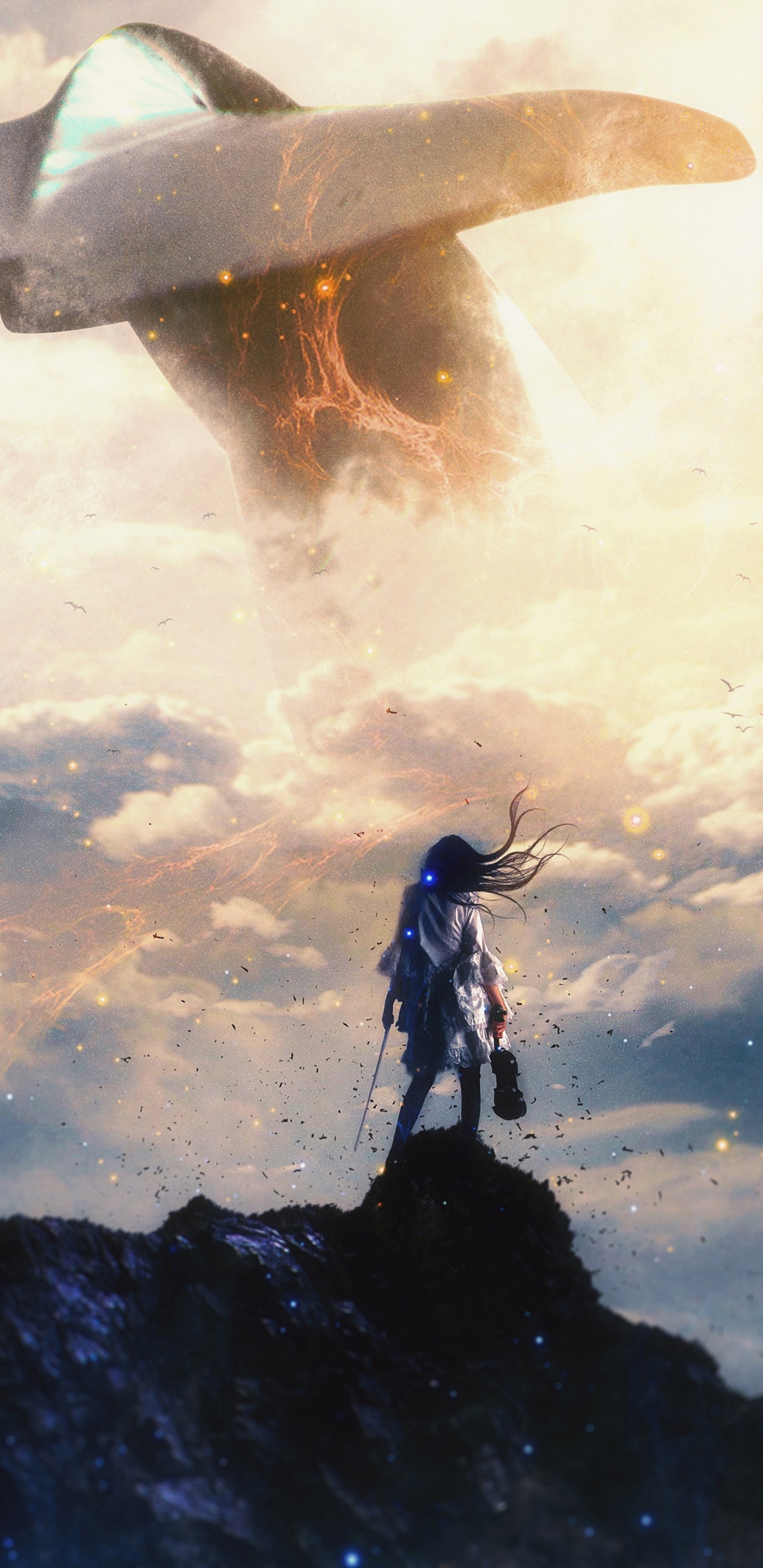 Fantasy Woman, Giant Whale, Clouds, Violin, Edge - Whale In Clouds Background - HD Wallpaper 