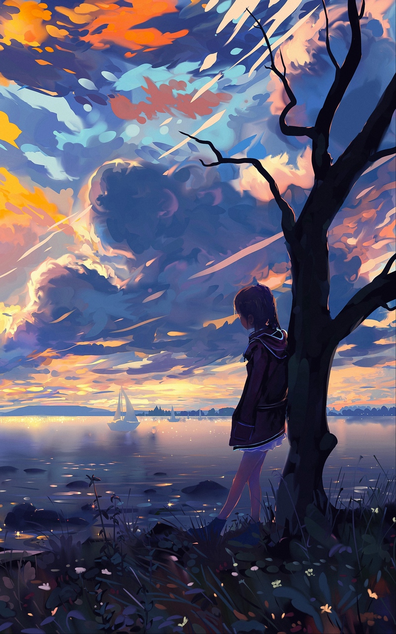 Wallpaper Child, River, Dreams, Shore, Tree, Art - صور انمي كاواي خلفيات - HD Wallpaper 