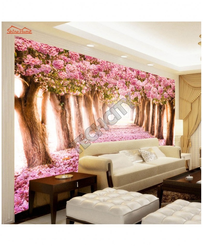 Pink Floral Forest Road 3d Room Wallpaper - 3d Wallpapers For Walls In Pakistan - HD Wallpaper 