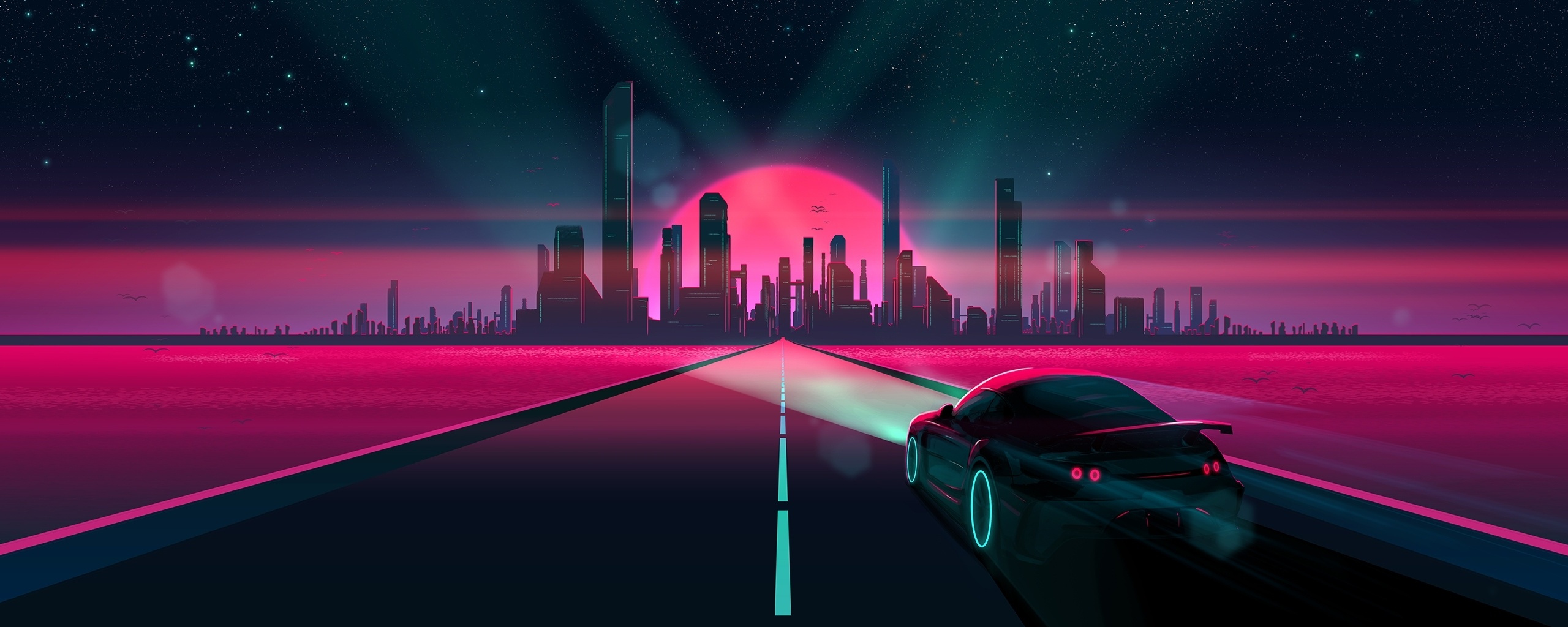 Cityscape, Retro Wave, Highway, Art, Wallpaper - Retro Wallpaper 21 9 - HD Wallpaper 