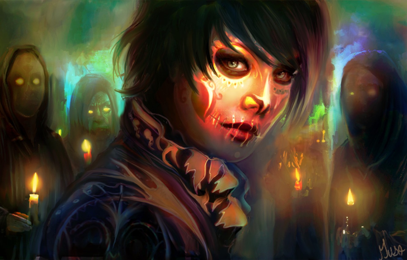Photo Wallpaper Girl, Night, Death, Fire, Dead, Calaveras - Fantasy Dia De Muertos Art - HD Wallpaper 