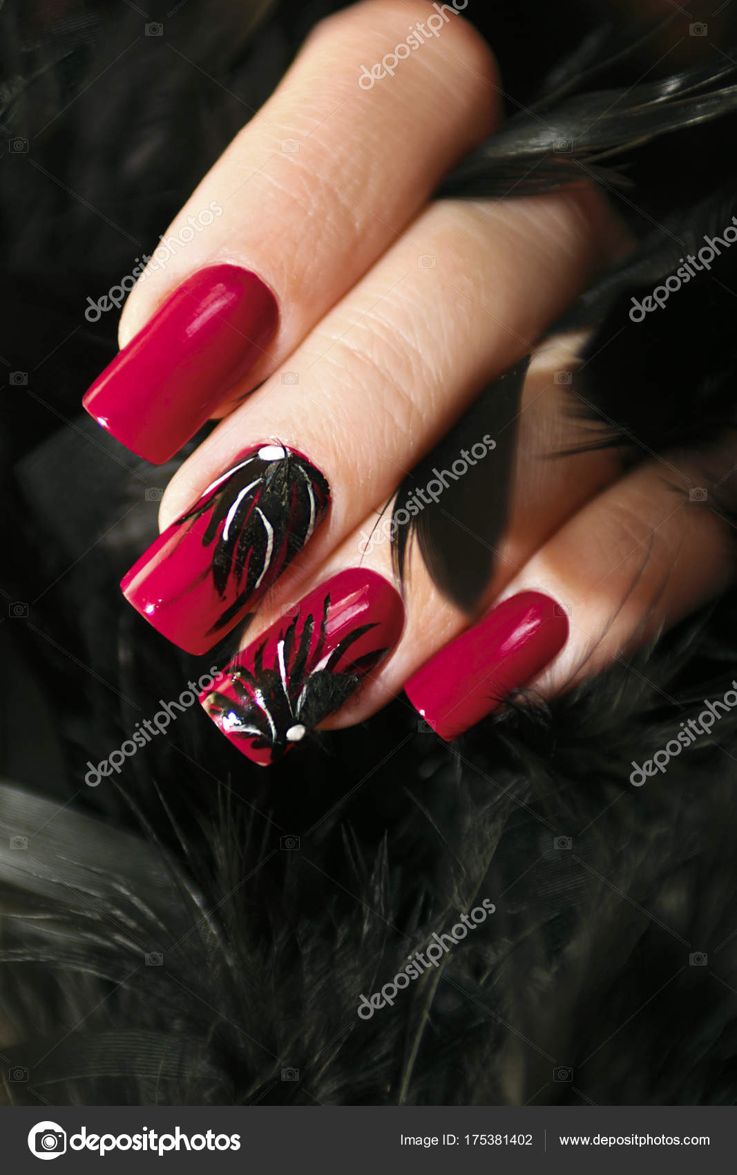 Red Nails With Black Design - HD Wallpaper 