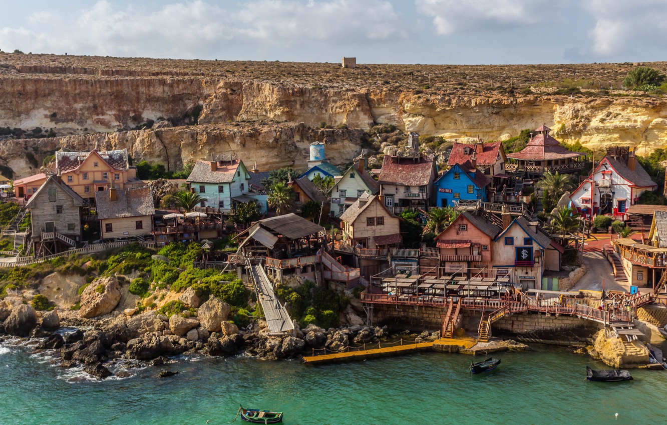 Photo Wallpaper Sea, Stones, Rocks, Shore, Boats, Village, - Popeye Village - HD Wallpaper 