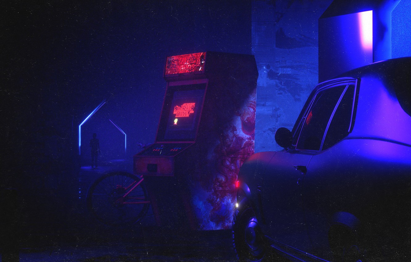 Photo Wallpaper Night, Boy, Machine, Silhouette, Car, - Minimalist Stranger Things Desktop - HD Wallpaper 