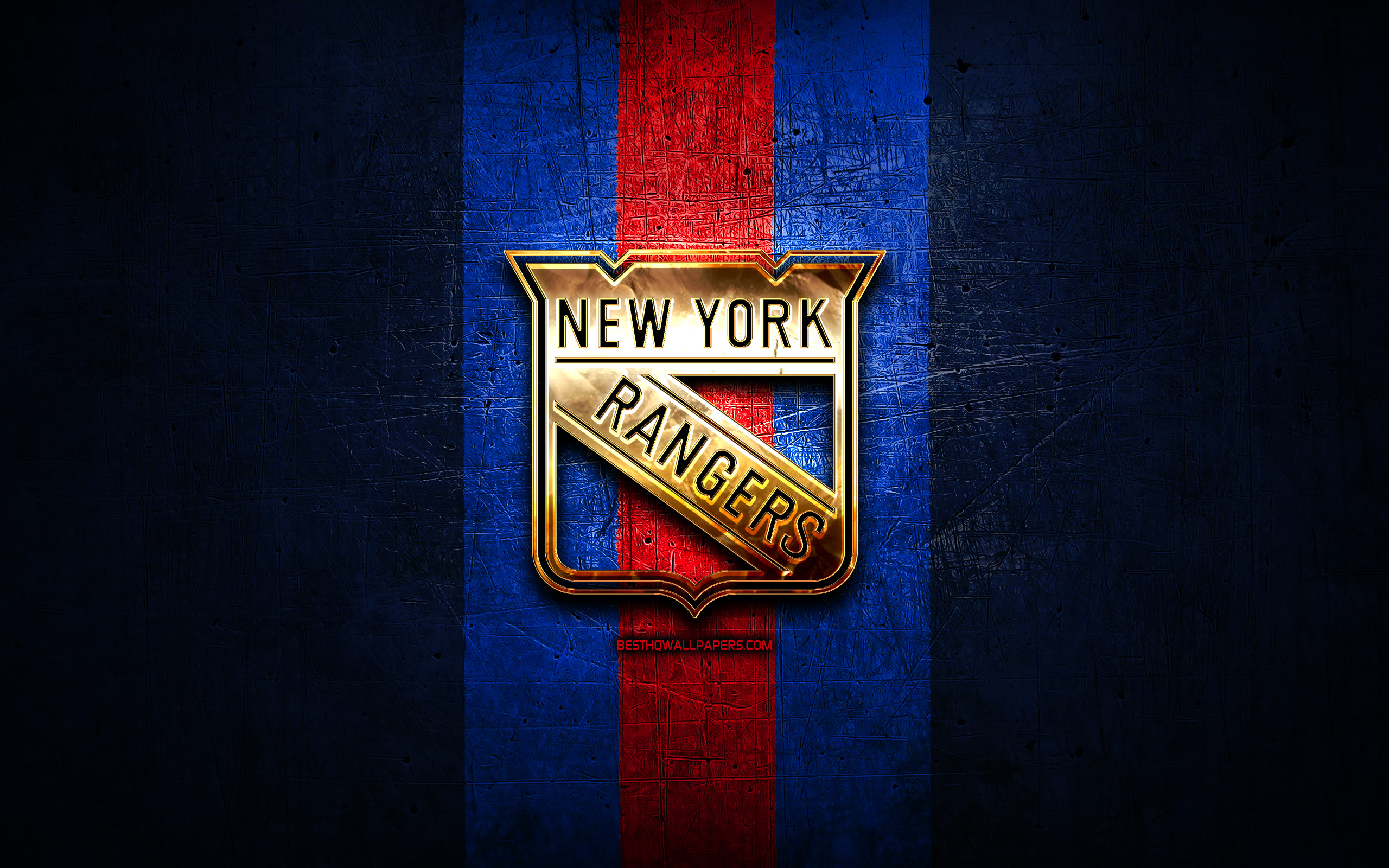 New York Rangers, Golden Logo, Nhl, Blue Metal Background, - Emblem - HD Wallpaper 