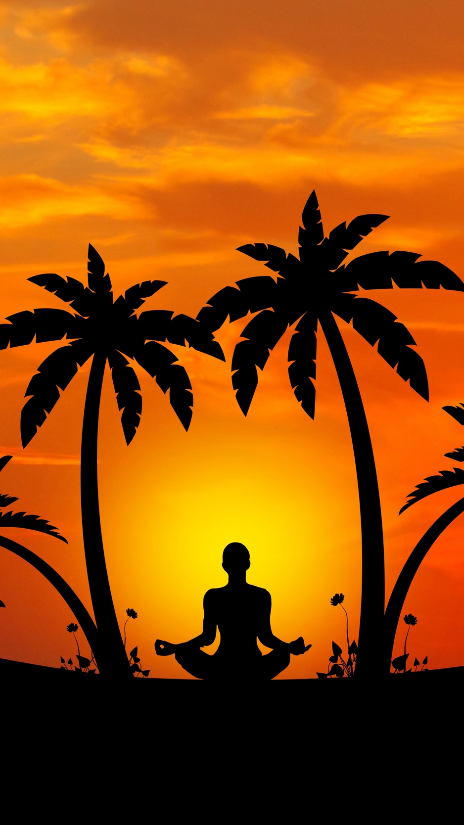 Wallpaper Meditation, Yoga, Silhouette, Palm Trees, - Beach Palm Tree Silhouette - HD Wallpaper 
