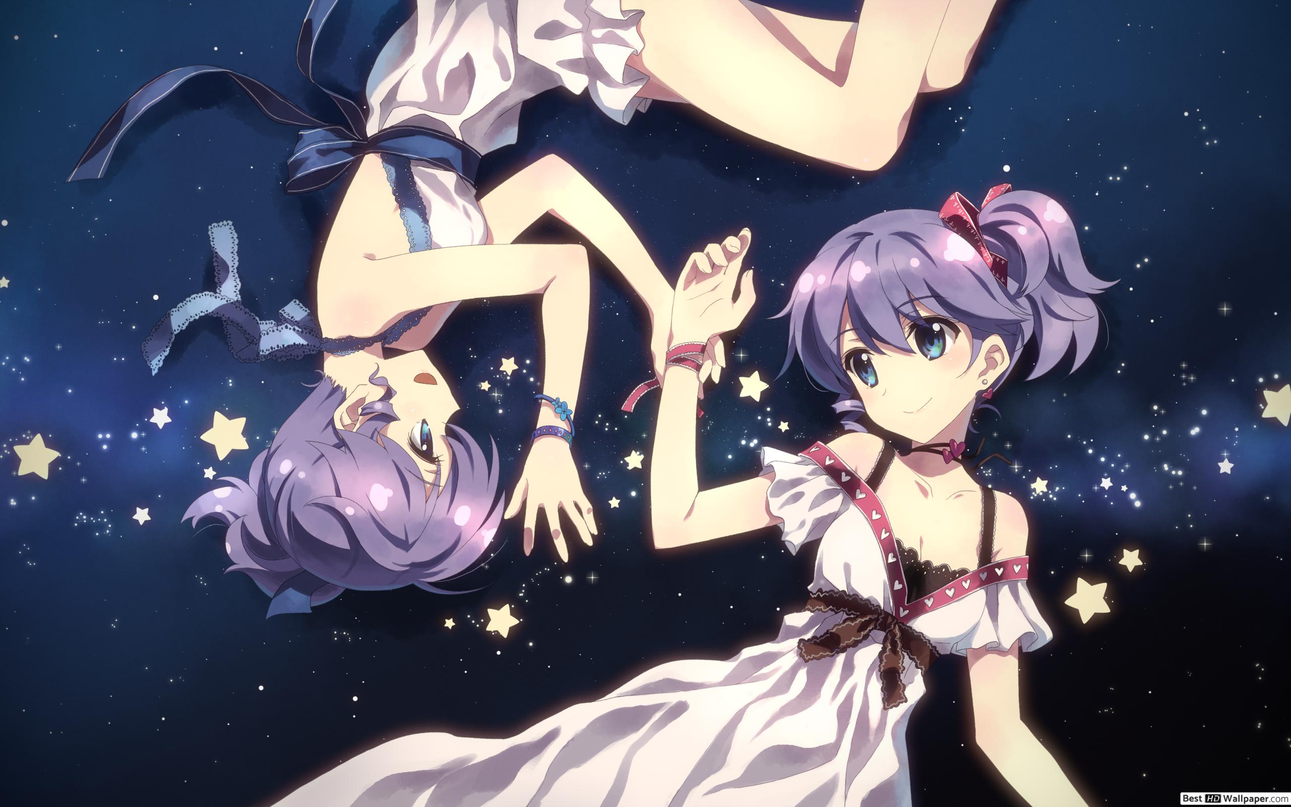 Anime Girl With Purple Hair Twins - HD Wallpaper 