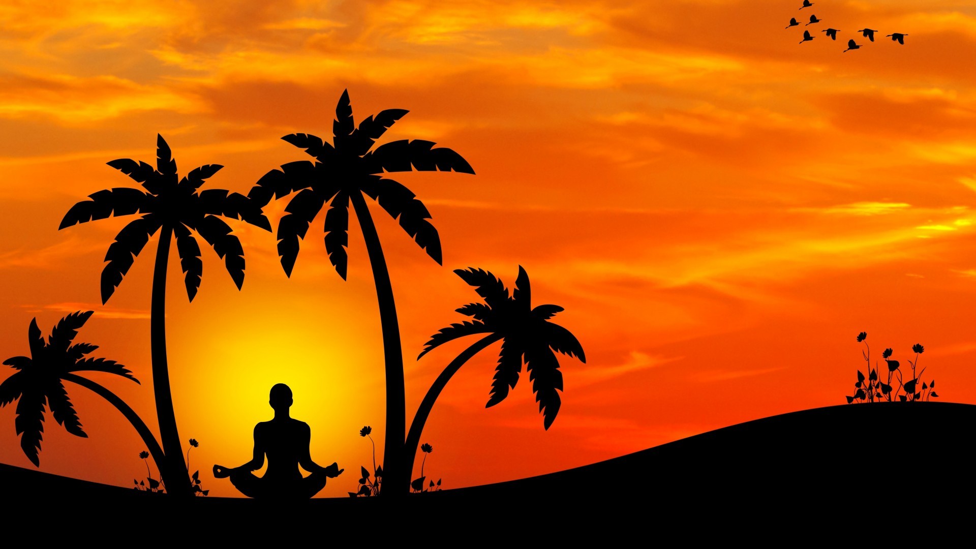 Yoga, Palm Trees, Back View, Meditation, Sunset, Minimal - Umbrella Beach Chair Silhouette - HD Wallpaper 