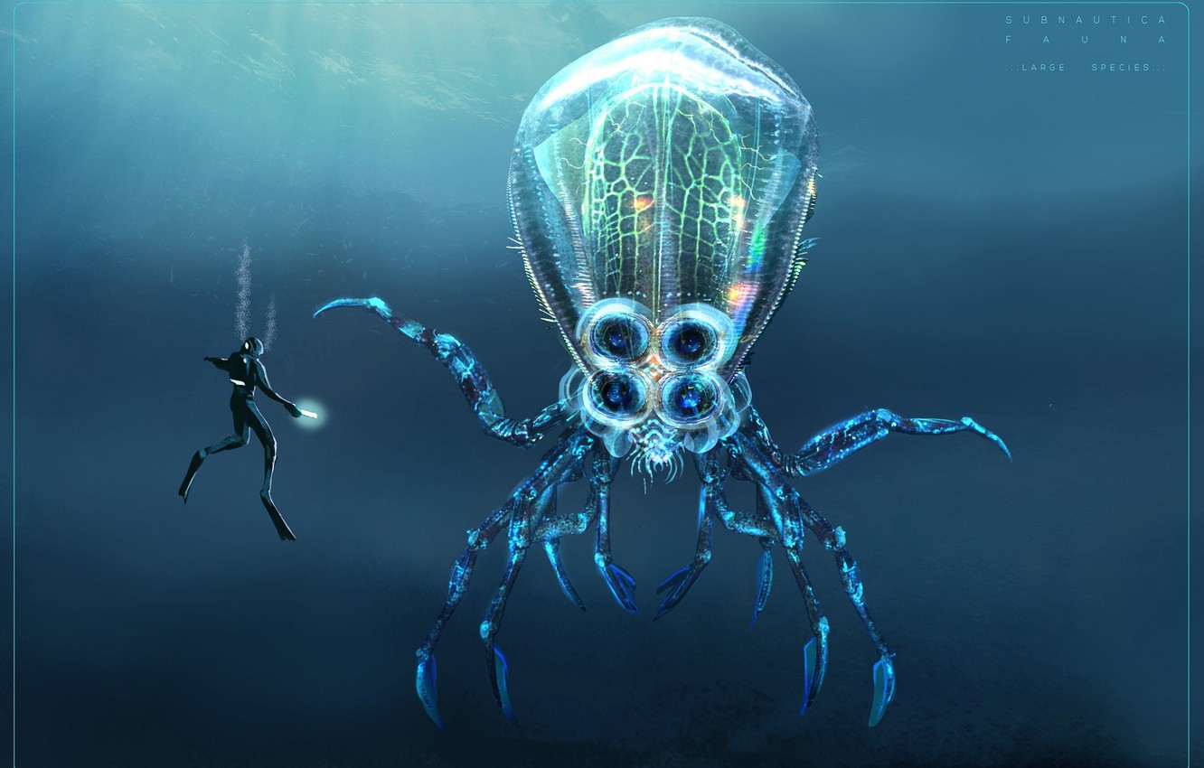 Photo Wallpaper Fiction, The Ocean, Diver, Medusa, - Subnautica Monsters - HD Wallpaper 