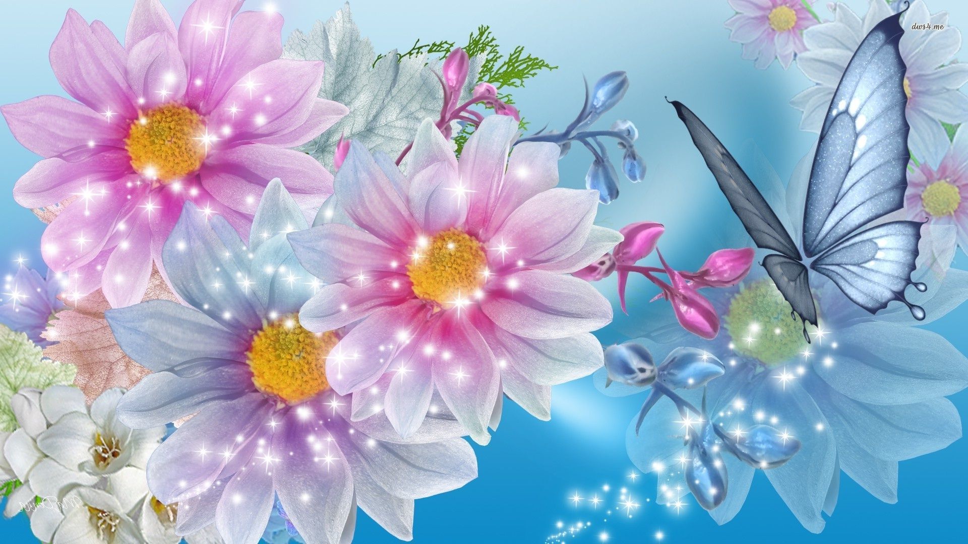 Sparkle Butterflies And Flowers - HD Wallpaper 