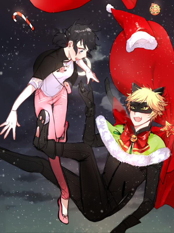 Anime, Pixiv Id 9539054, Miraculous Ladybug, Chat Noir - Miraculous Ladybug Christmas Fanart - HD Wallpaper 