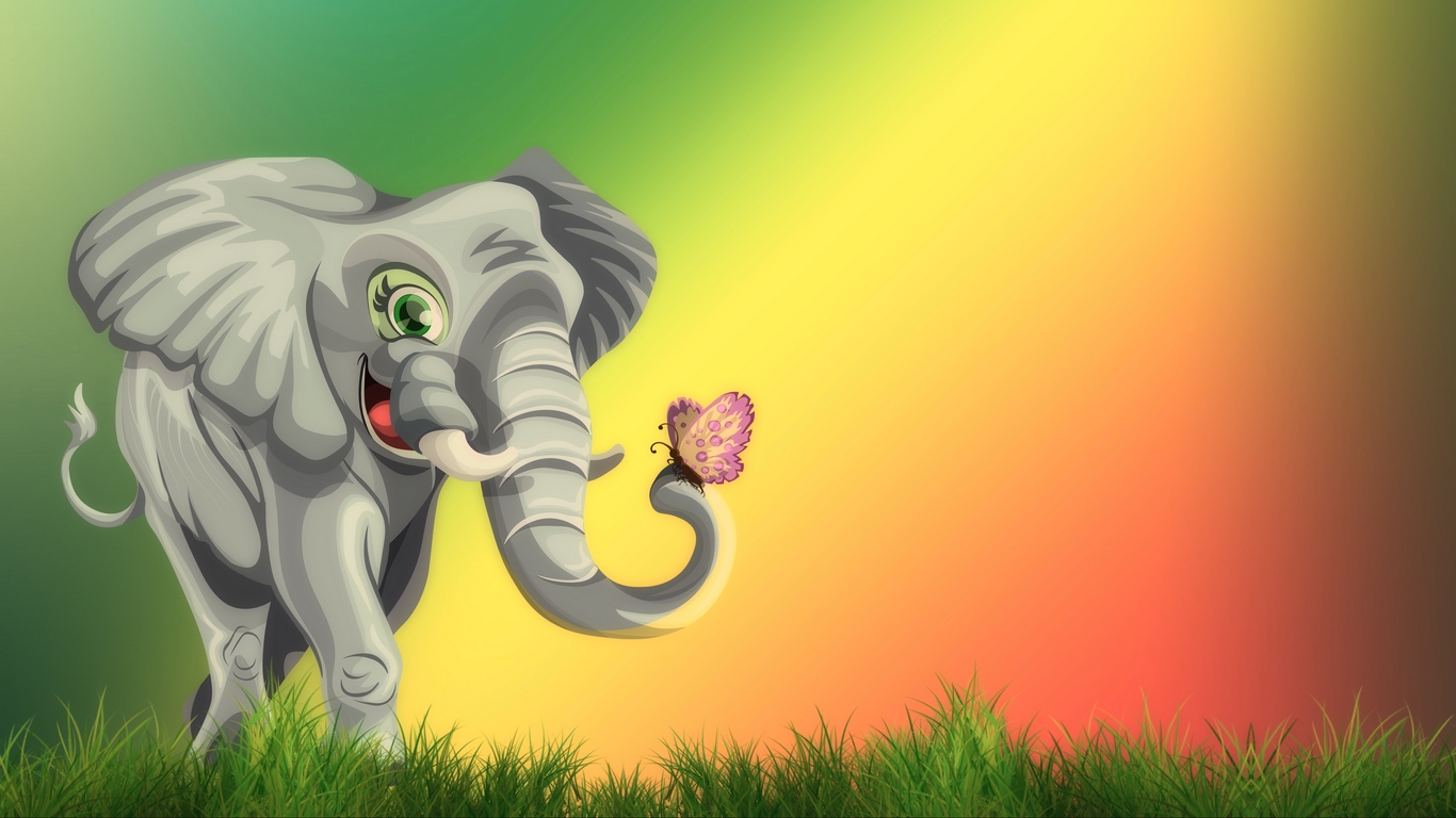 Wallpaper Elephant, Butterfly, Cute, Art, Grass - Cute Wallpapers For Laptop - HD Wallpaper 