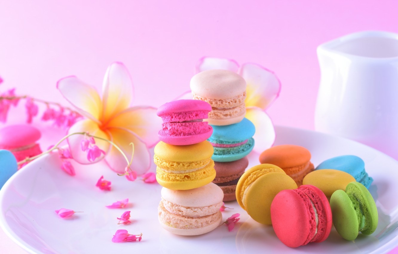Photo Wallpaper Flowers, Colorful, Dessert, Pink, Flowers, - Macaron Wallpaper Iphone - HD Wallpaper 