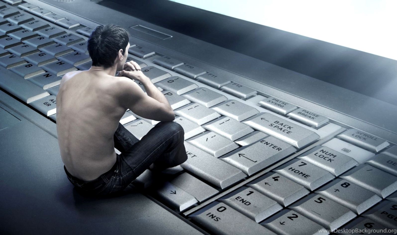 Abstract Computers Keyboards Men Thinking Glowing Sitting - 3d Wallpaper Of Computer - HD Wallpaper 