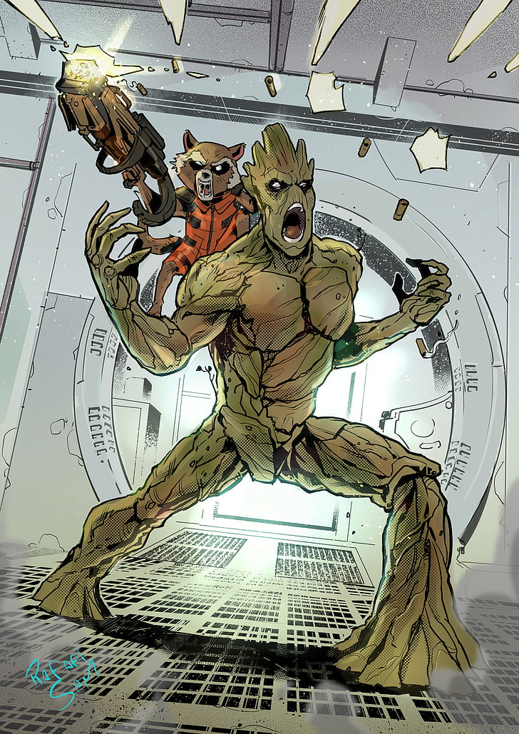Rocket Raccoon And Groot Drawing - HD Wallpaper 