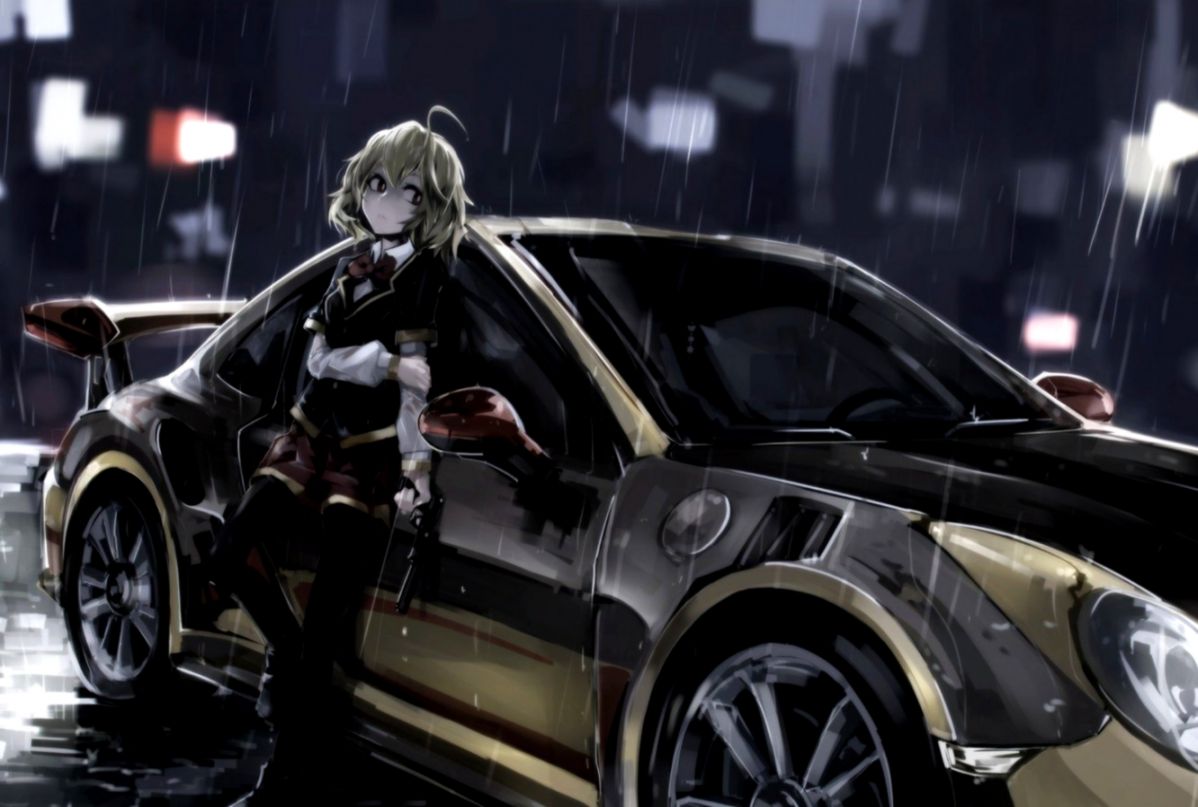 Wallpaper Porsche Girl City Car Art Anime Night Rain - Anime - HD Wallpaper 