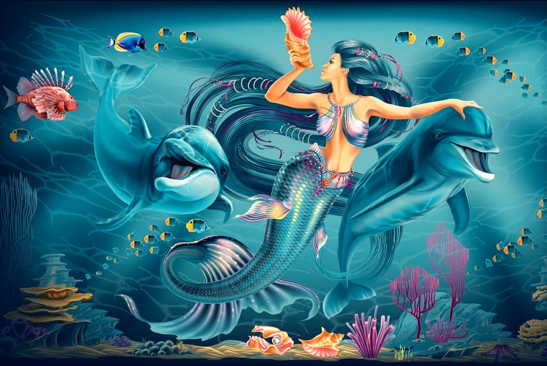 Mermaid And Dolphin Painting - HD Wallpaper 