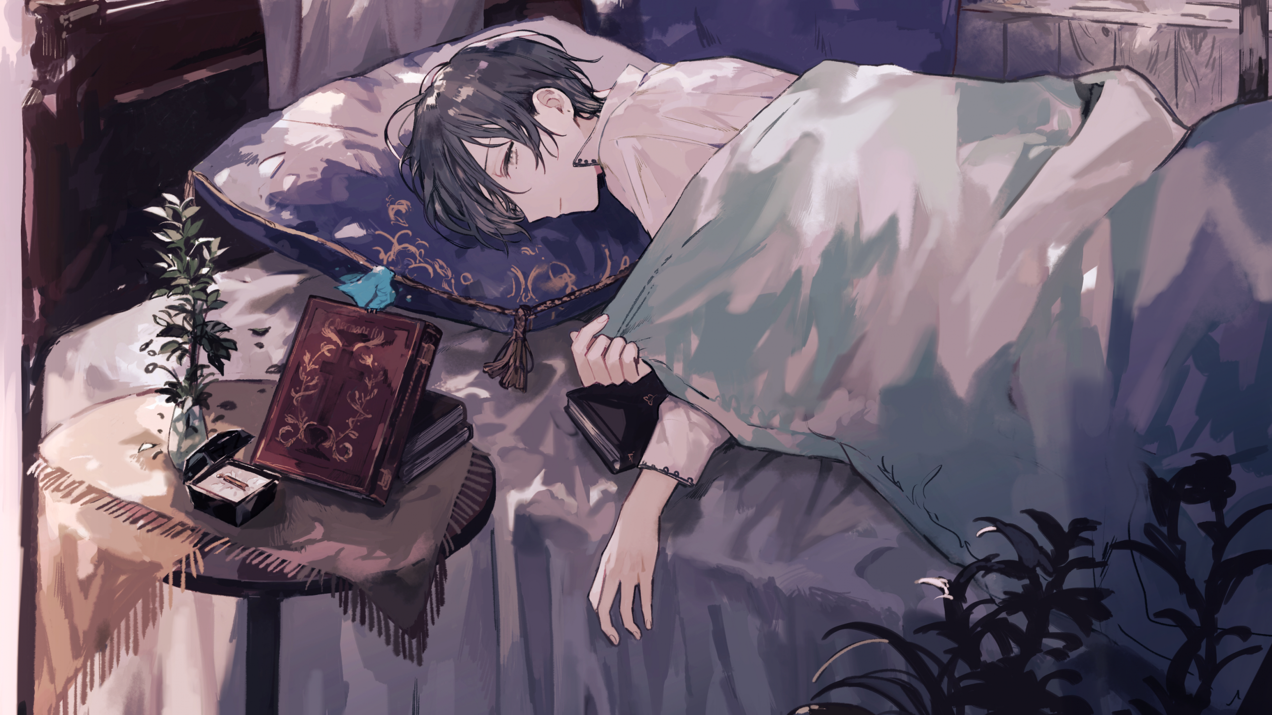 Anime Boy, Sleeping, Books, Shoujo - Anime Boy Wallpaper For Laptop - HD Wallpaper 