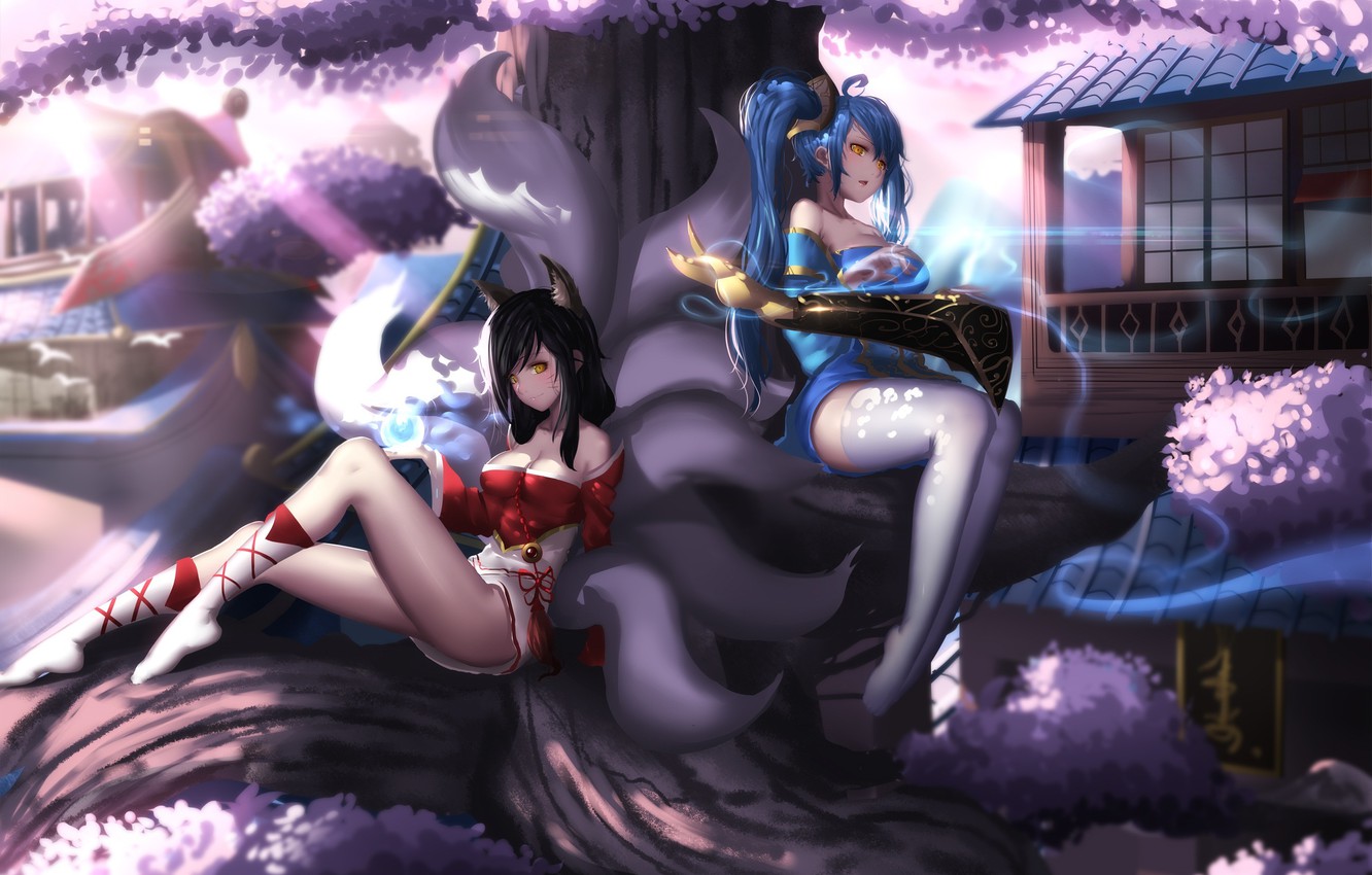 Photo Wallpaper Girls, Anime, Art, League Of Legends, - Ahri And Sona Fanart - HD Wallpaper 