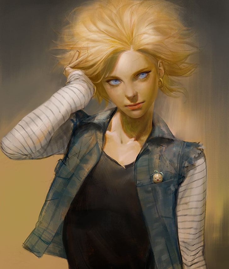 Blue And Black Dressed Woman Illustration, Sangsoo - Android 18 Dragon Ball Art - HD Wallpaper 