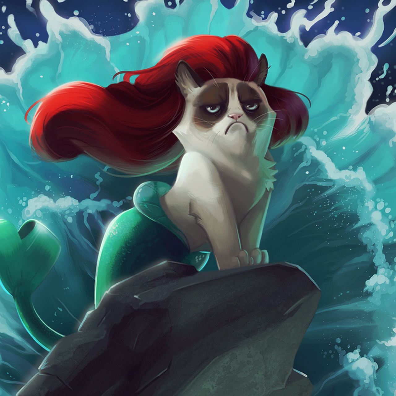Wallpaper Cat, Mermaid, Cartoon, Grumpy Cat - Grumpy Cat Background Phone - HD Wallpaper 