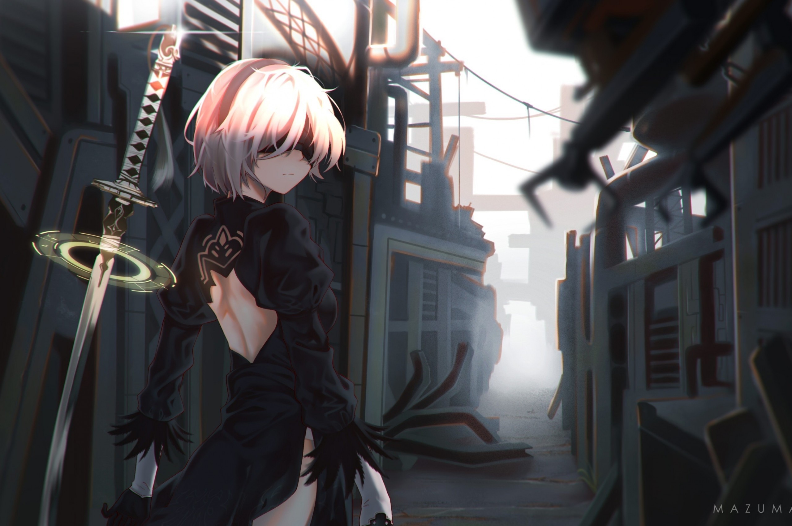 Automata, 2b, Eyepatch, Sword, Black Dress, White Hair, - Nier Automata Background 2560 X 1440 - HD Wallpaper 