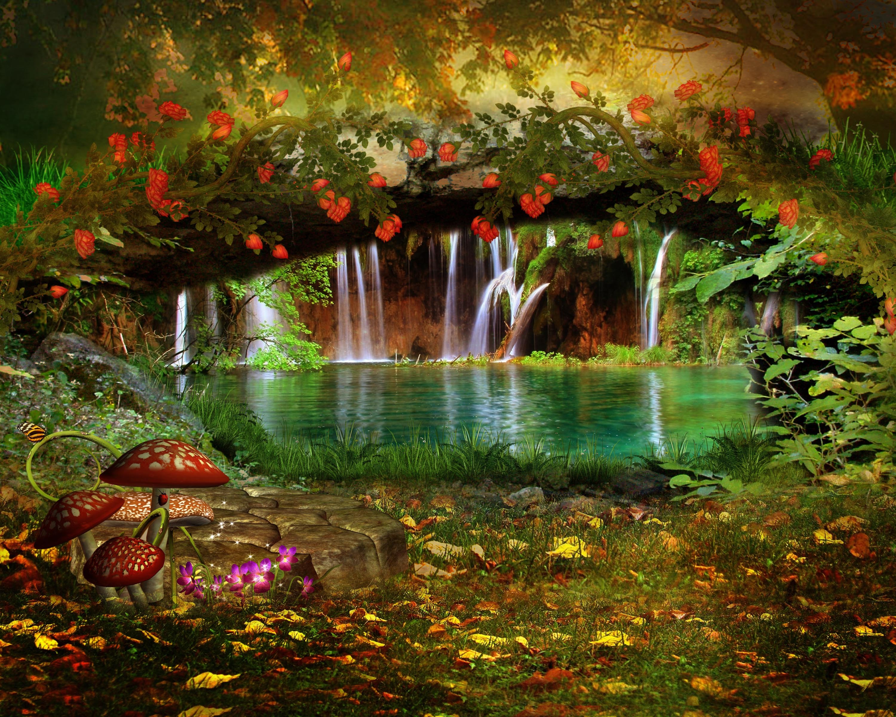 Wallpaper Of Landscape, Nature, Flowers, Waterfall - Flower Water Fall Images Hd - HD Wallpaper 