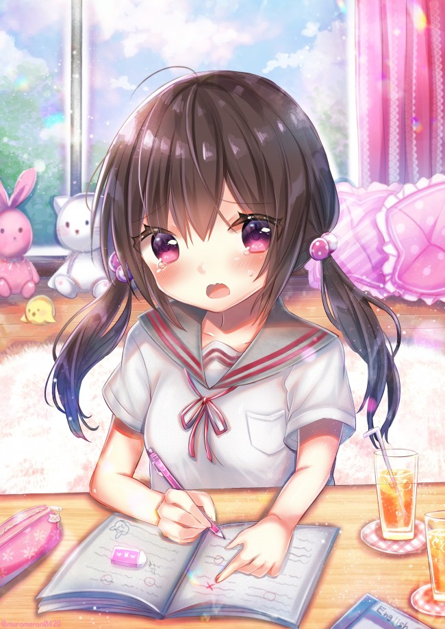 Loli, Anime Girl, Brown Hair, Twintails, Studying, - Cute Cartoon Girl  Studying - 650x918 Wallpaper 