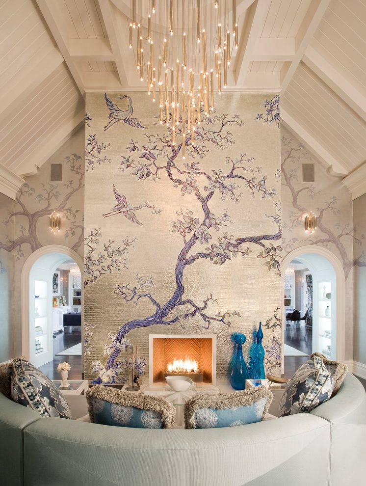 New York Gold And Blue Wallpaper With Glass Vases Living - Living Room - HD Wallpaper 