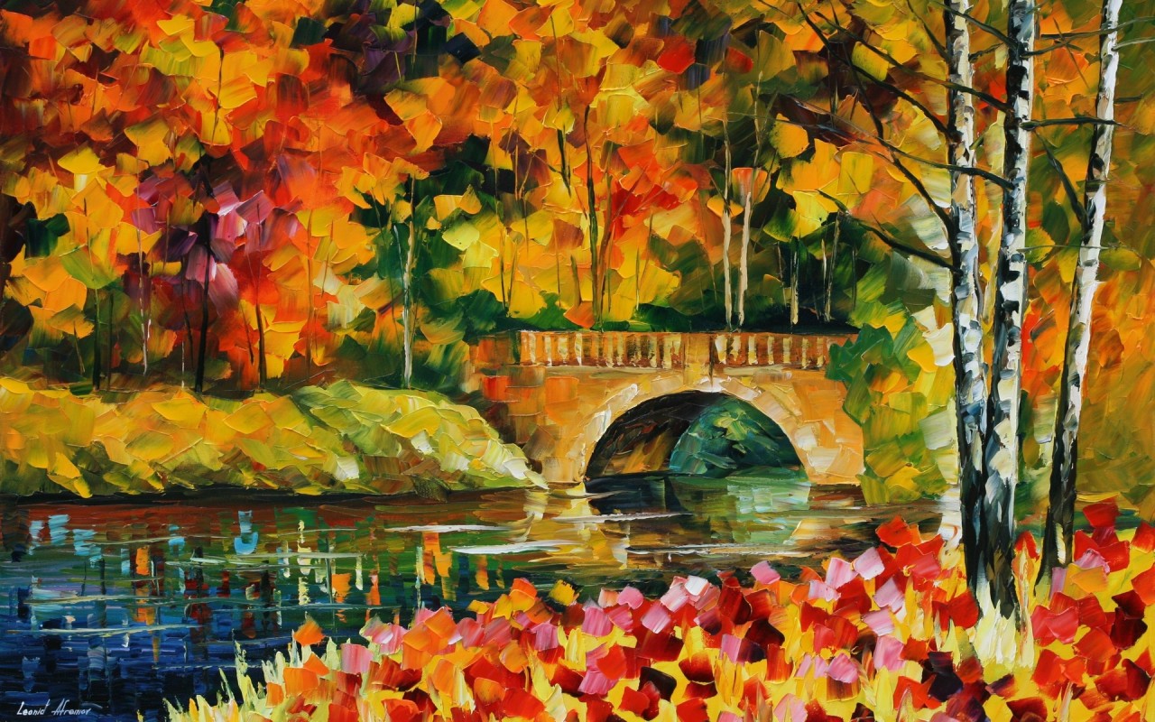 Excellent Autumn Scenery Wallpapers - Fall Bridge - Palette Knife Oil Painting On Canvas - HD Wallpaper 