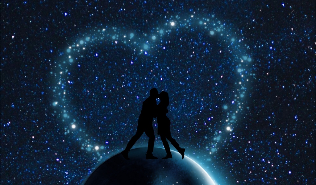 Wallpaper Starry Sky, Couple, Silhouettes, Love, Planet - Happy Valentines Day Stars - HD Wallpaper 