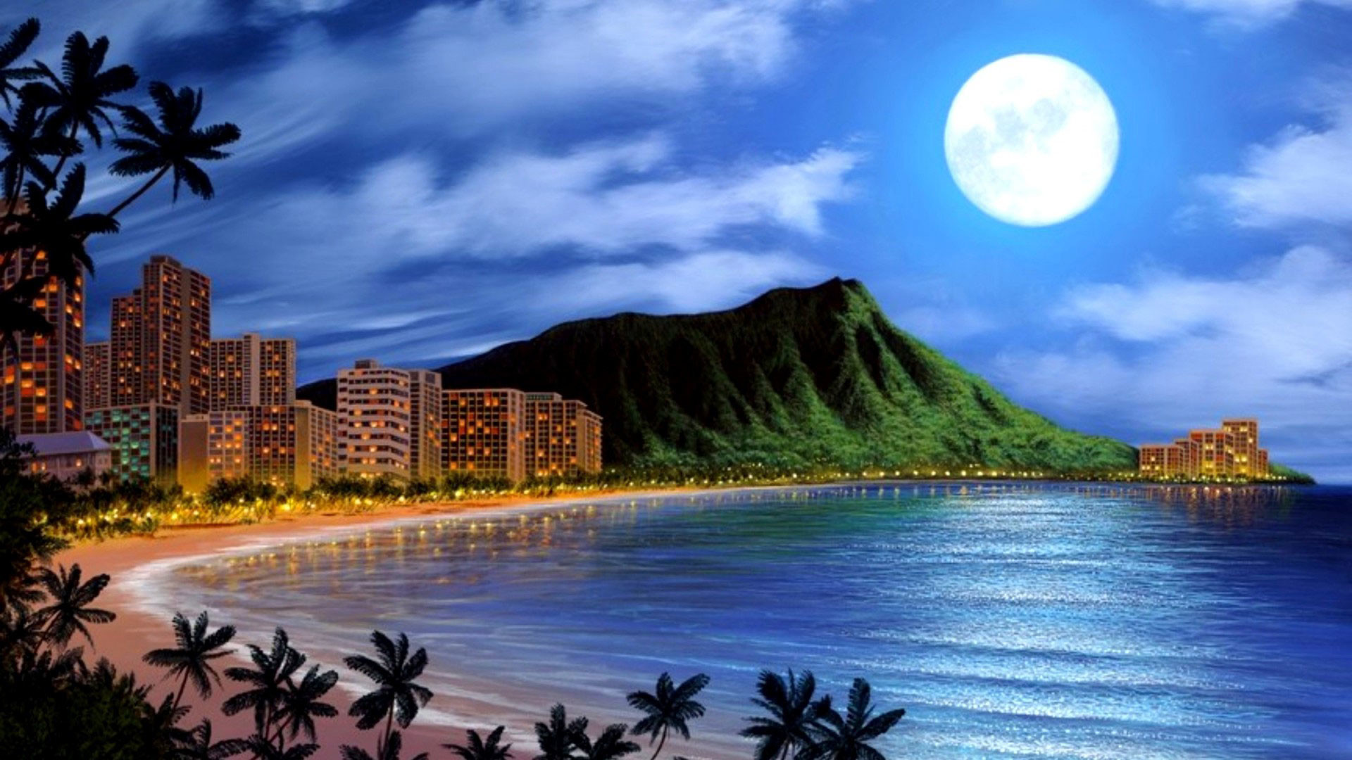 Hd Pics Photos Awesome Beach Buildings Night Sea Moon - Nice Background Screen - HD Wallpaper 