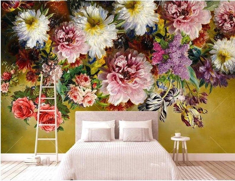 Big Floral Wallpaper Big Flower Print Wallpaper - Flower Painting For Bedroom Wall - HD Wallpaper 