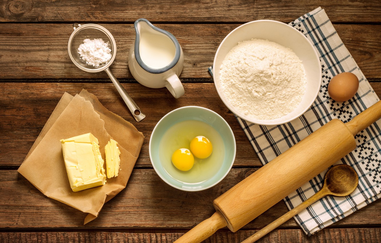 Photo Wallpaper Oil, Eggs, Milk, Flour, Rolling Pin, - Raising Agent And Leavening Agent - HD Wallpaper 