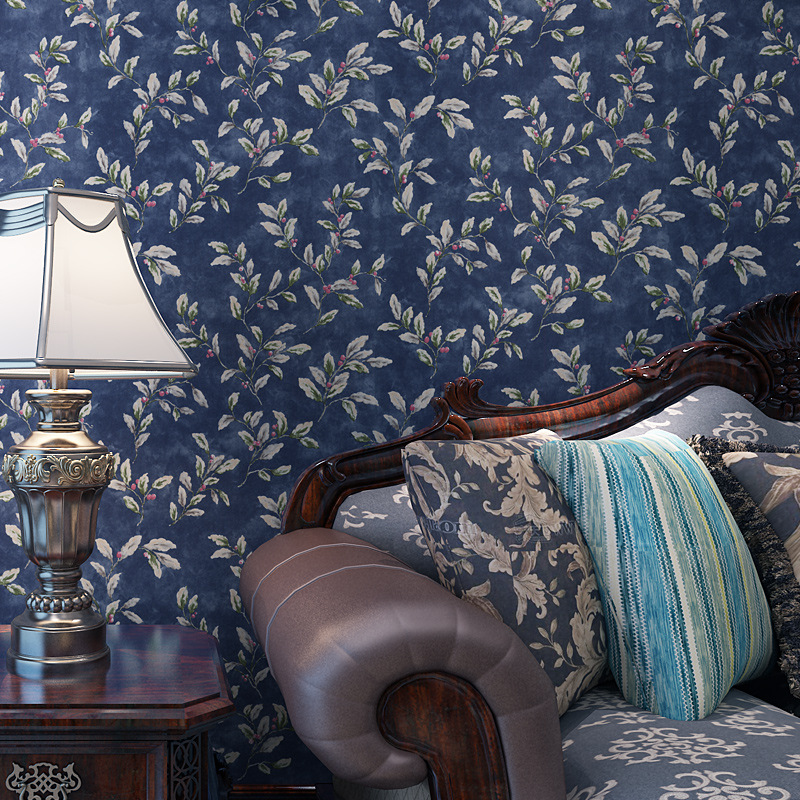 American Country Retro Small Flower Dark Blue Solid - Living Room Wallpaper Blue - HD Wallpaper 