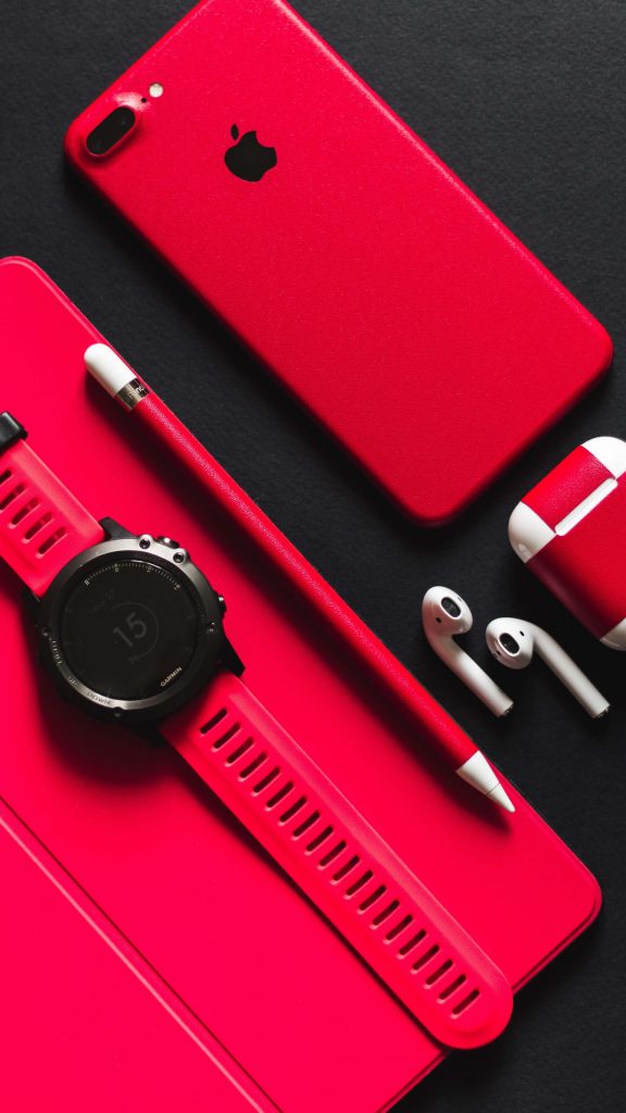 Red Iphone Accessories, Airpods, Iphone And A Smartwatch - Mobile Iphone Wallpaper Hd - HD Wallpaper 