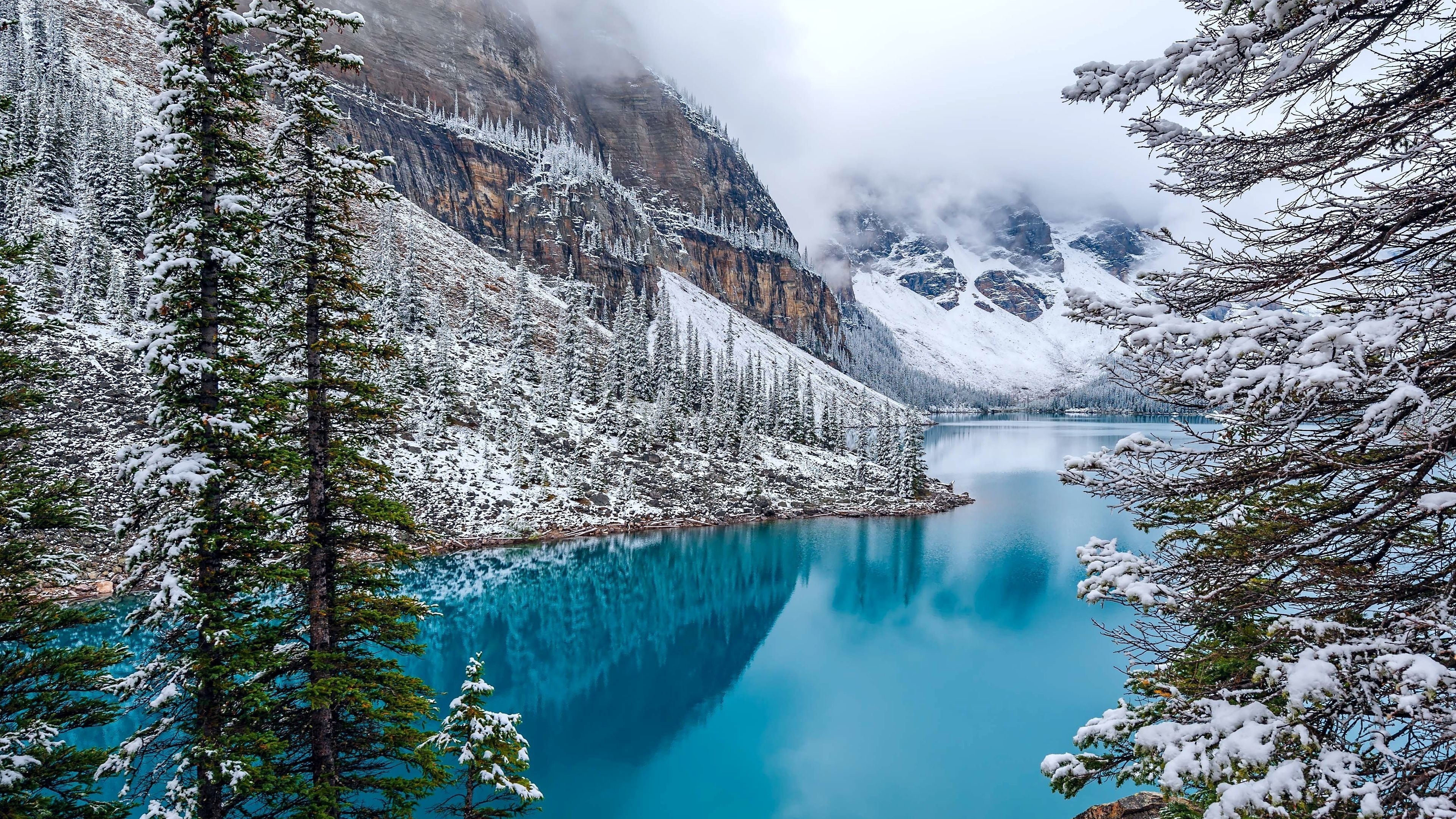 Wallpaper Moraine Lake, Snow, Winter, 4k, Nature, - Winter Wallpaper Uhd - HD Wallpaper 