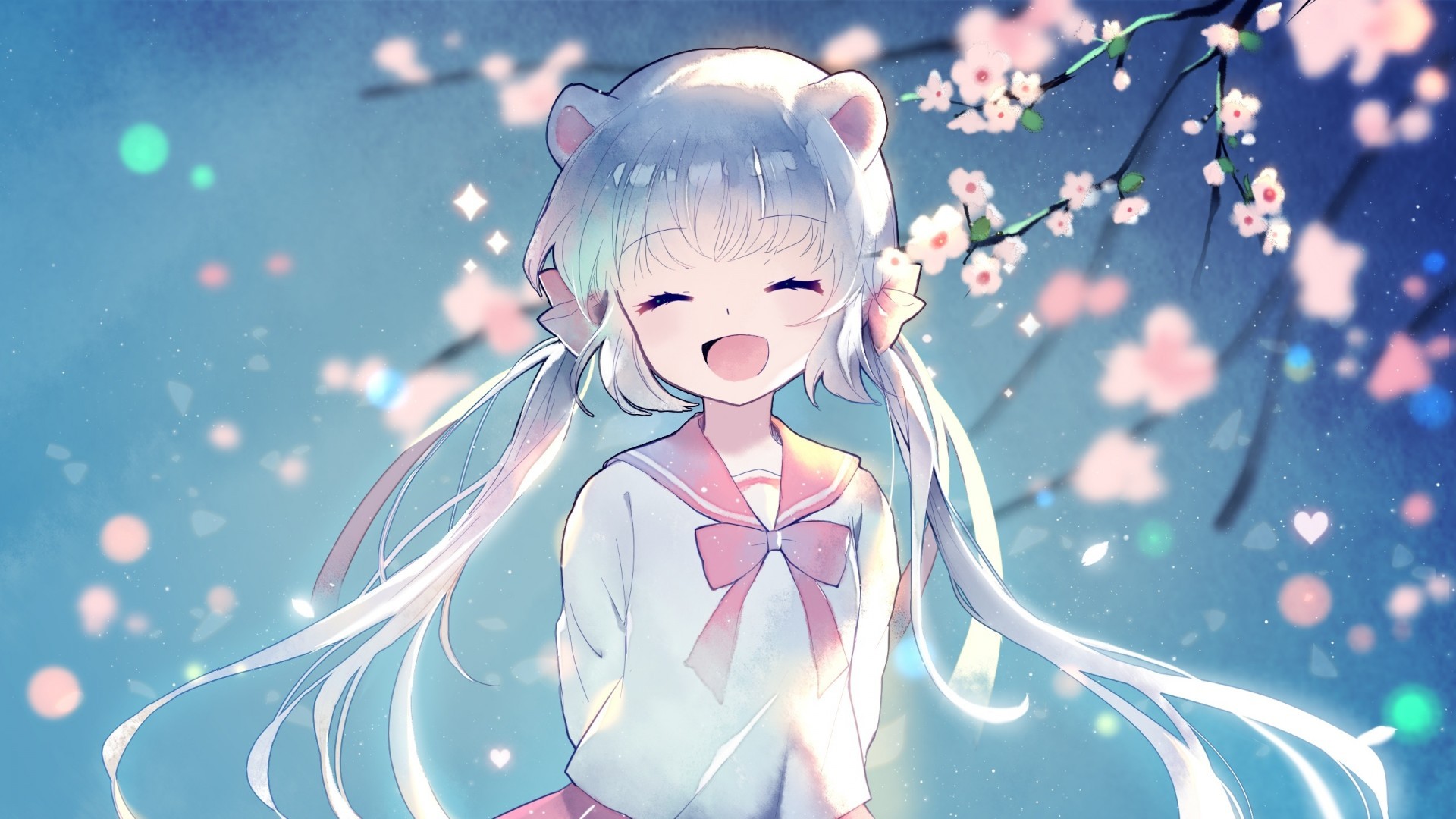 Anime Girl, Happy Face, Twintails, Aqua Hair, Cherry - Anime Girl Wallpaper Kawaii - HD Wallpaper 