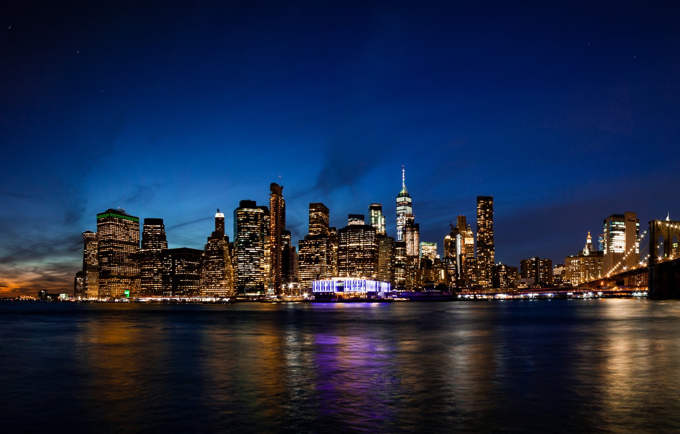 Photo Wallpaper City, Lights, Usa, Twilight, River, - New York Twilight Hd - HD Wallpaper 